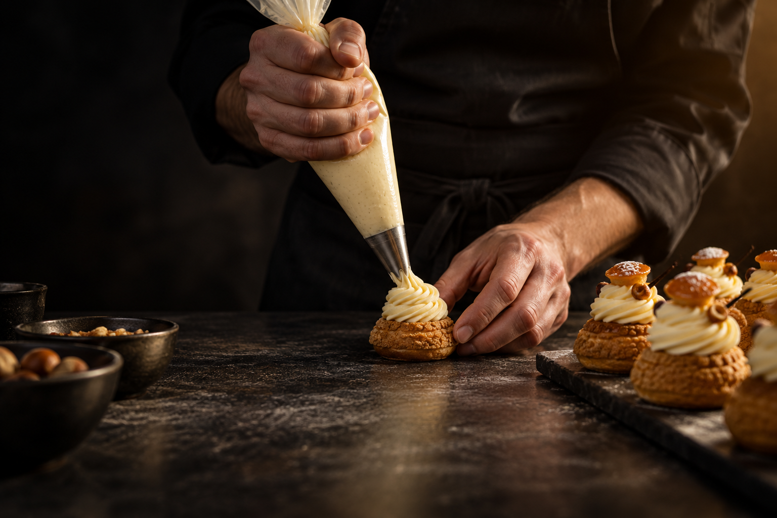 Mani di un pasticciere che rifiniscono un dolce con la sac à poche